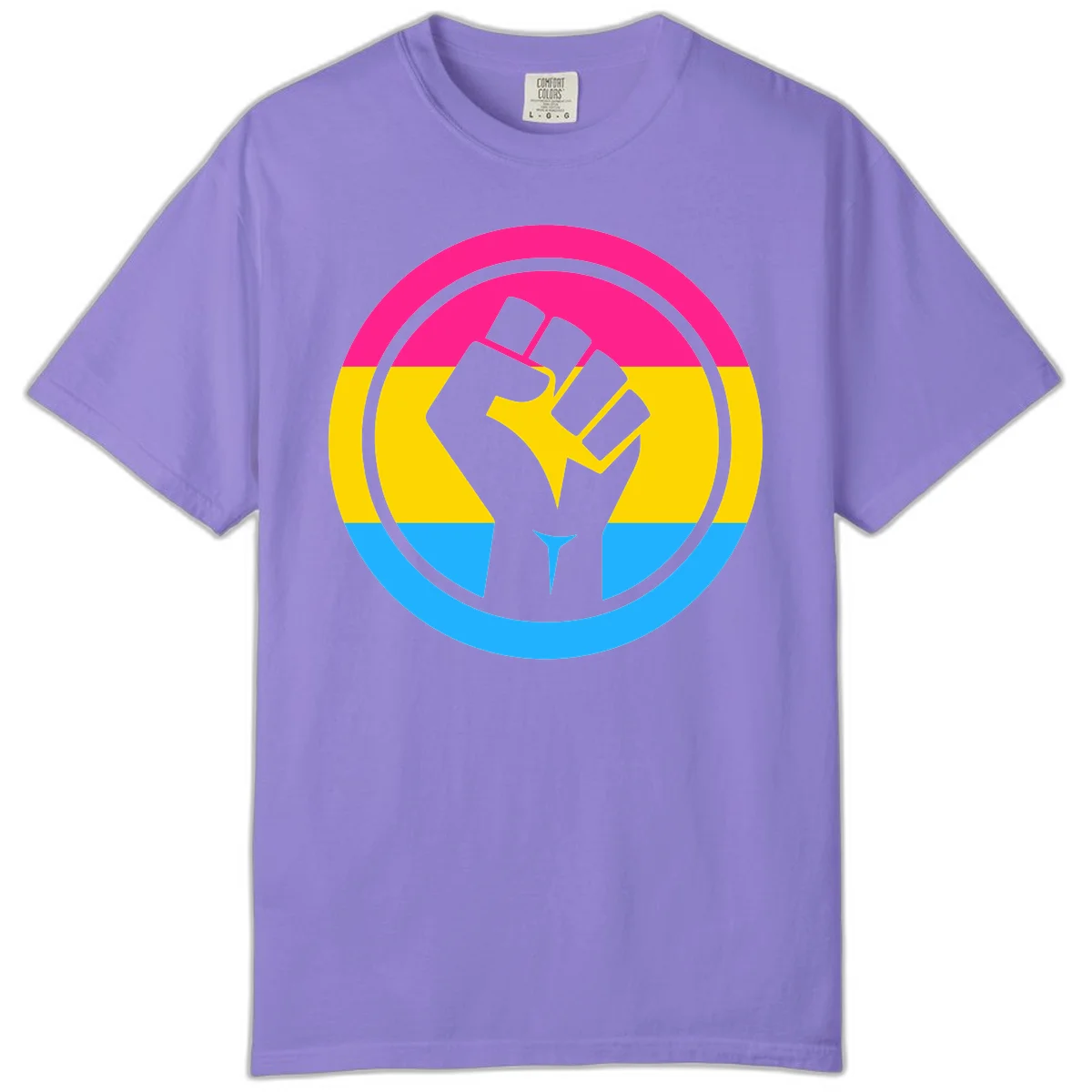 Raised fist silhouette in circular badge with magenta, yellow, and blue pride stripes symbolizing fist-pride-power and activism in Violet