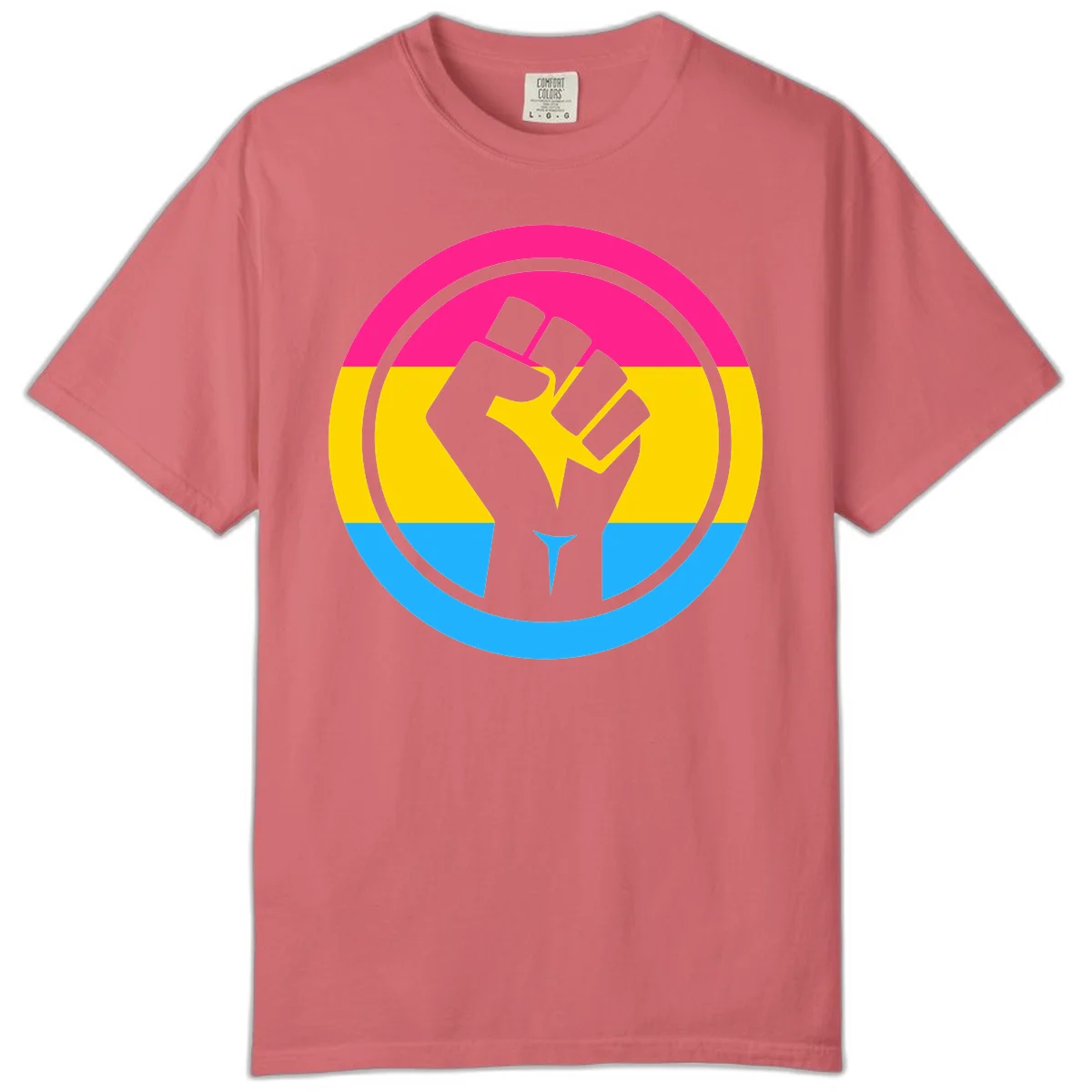 Raised fist silhouette in circular badge with magenta, yellow, and blue pride stripes symbolizing fist-pride-power and activism in Watermelon