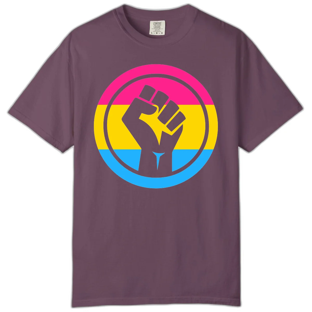 Raised fist silhouette in circular badge with magenta, yellow, and blue pride stripes symbolizing fist-pride-power and activism in Berry