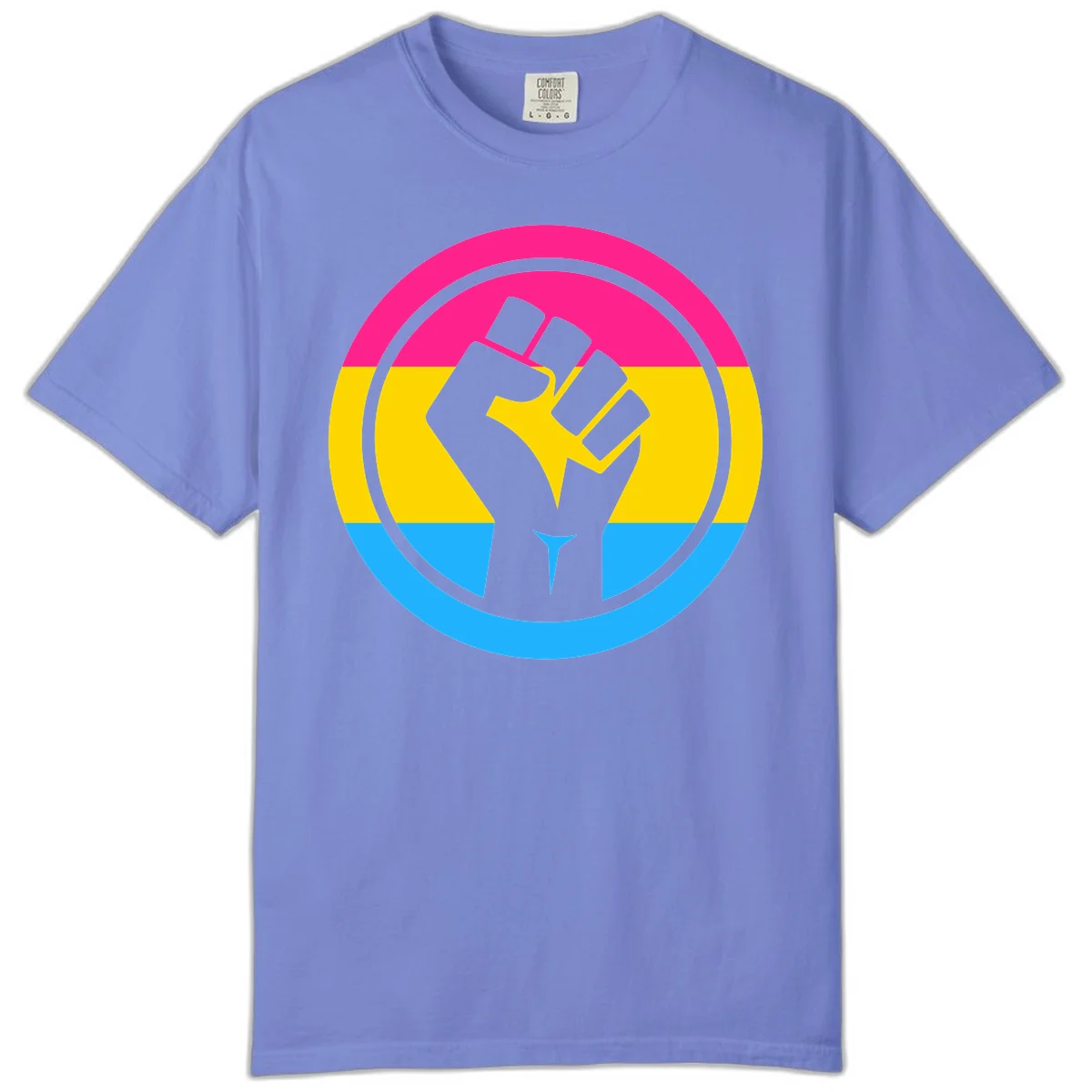 Raised fist silhouette in circular badge with magenta, yellow, and blue pride stripes symbolizing fist-pride-power and activism in Flo Blue