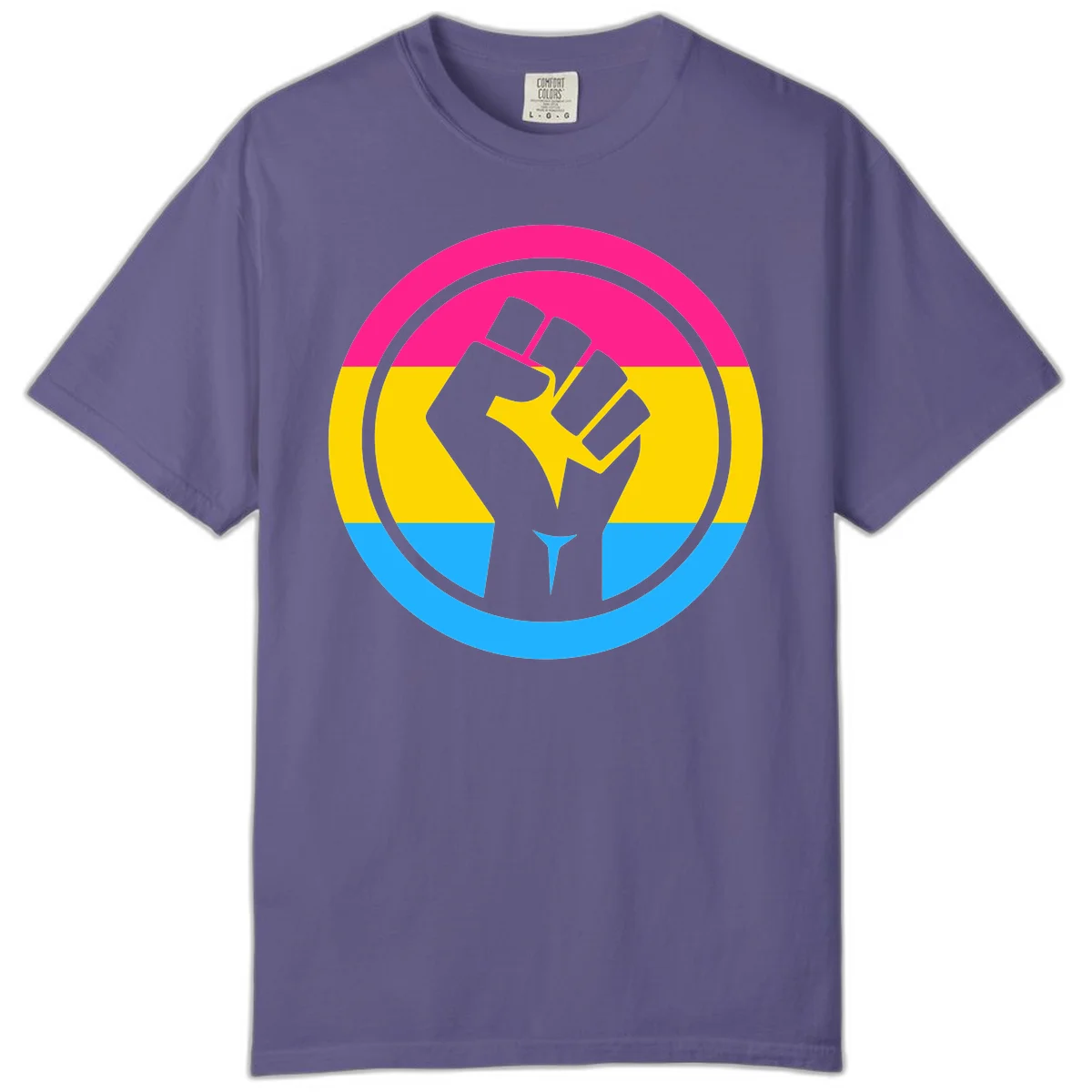 Raised fist silhouette in circular badge with magenta, yellow, and blue pride stripes symbolizing fist-pride-power and activism in Grape