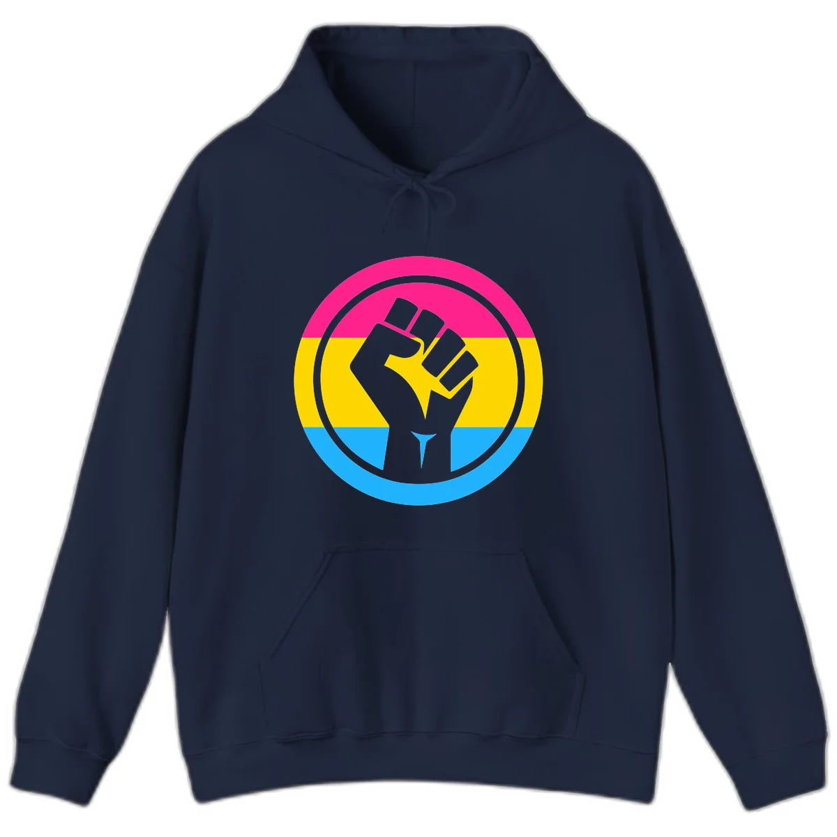 Raised fist silhouette in circular badge with magenta, yellow, and blue pride stripes symbolizing fist-pride-power and activism in Navy