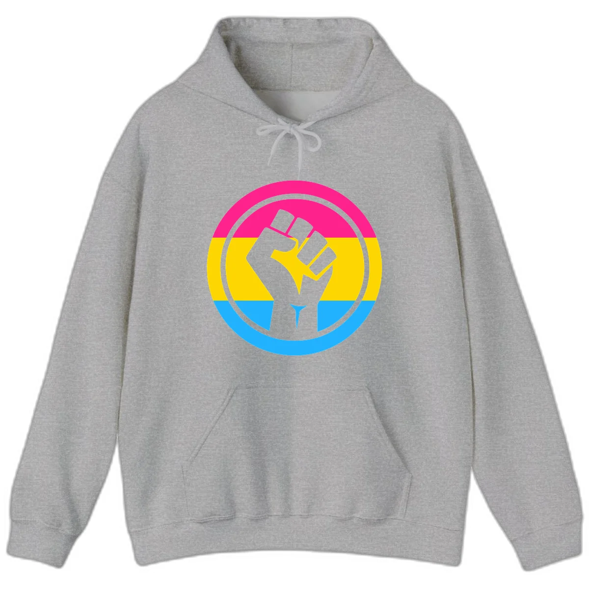 Raised fist silhouette in circular badge with magenta, yellow, and blue pride stripes symbolizing fist-pride-power and activism in Sport Grey