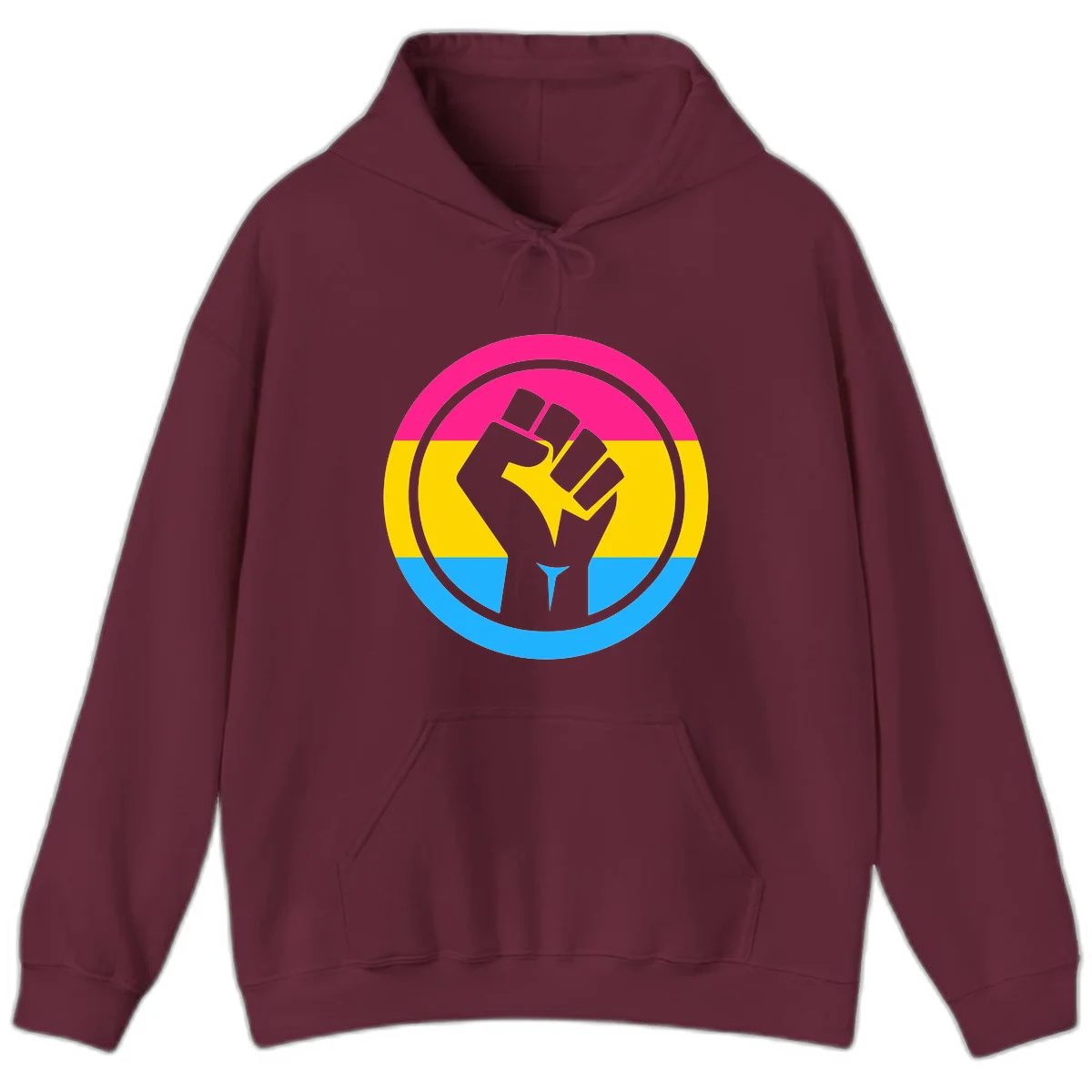 Raised fist silhouette in circular badge with magenta, yellow, and blue pride stripes symbolizing fist-pride-power and activism in Maroon