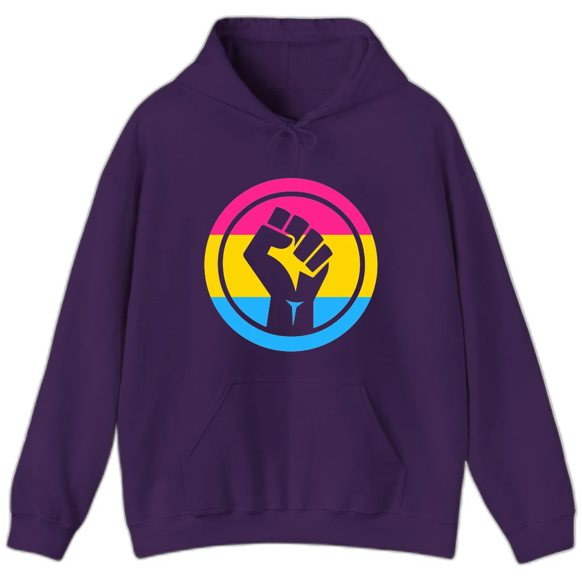 Raised fist silhouette in circular badge with magenta, yellow, and blue pride stripes symbolizing fist-pride-power and activism in Purple