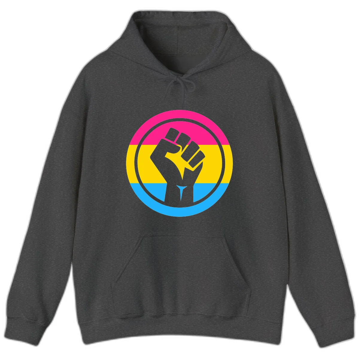 Raised fist silhouette in circular badge with magenta, yellow, and blue pride stripes symbolizing fist-pride-power and activism in Dark Heather