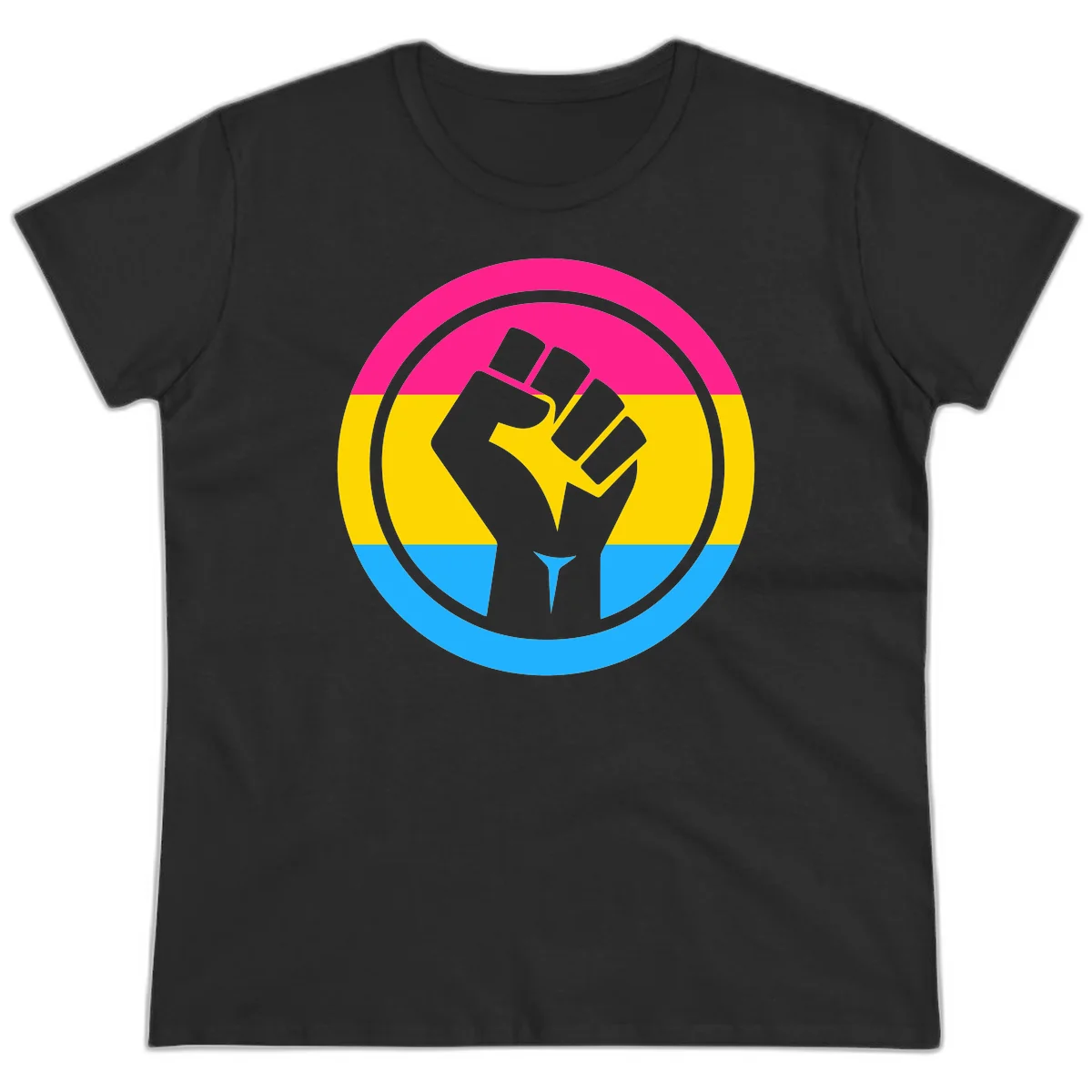 Raised fist silhouette in circular badge with magenta, yellow, and blue pride stripes symbolizing fist-pride-power and activism in Black