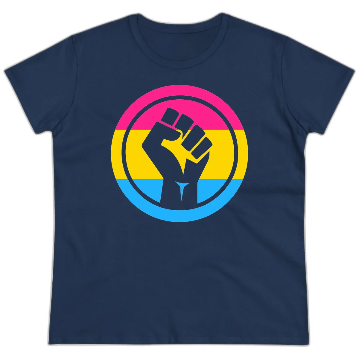 Raised fist silhouette in circular badge with magenta, yellow, and blue pride stripes symbolizing fist-pride-power and activism in Navy