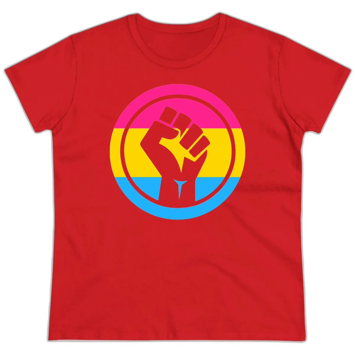 Raised fist silhouette in circular badge with magenta, yellow, and blue pride stripes symbolizing fist-pride-power and activism in Red