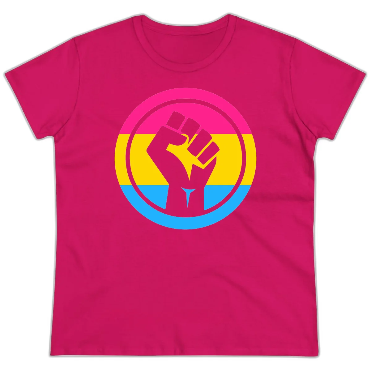Raised fist silhouette in circular badge with magenta, yellow, and blue pride stripes symbolizing fist-pride-power and activism in Heliconia