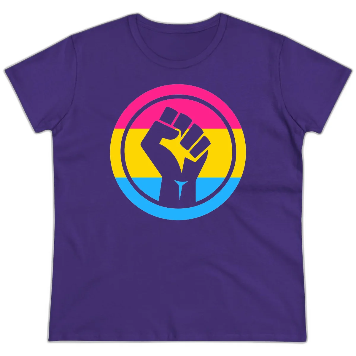 Raised fist silhouette in circular badge with magenta, yellow, and blue pride stripes symbolizing fist-pride-power and activism in Purple