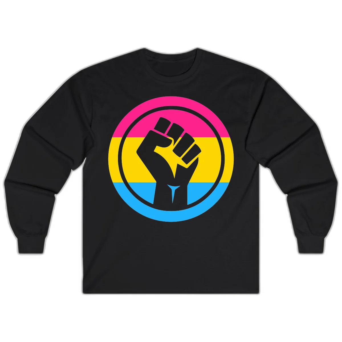 Raised fist silhouette in circular badge with magenta, yellow, and blue pride stripes symbolizing fist-pride-power and activism in Black