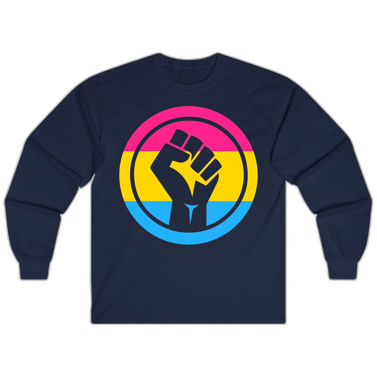 Raised fist silhouette in circular badge with magenta, yellow, and blue pride stripes symbolizing fist-pride-power and activism in Navy
