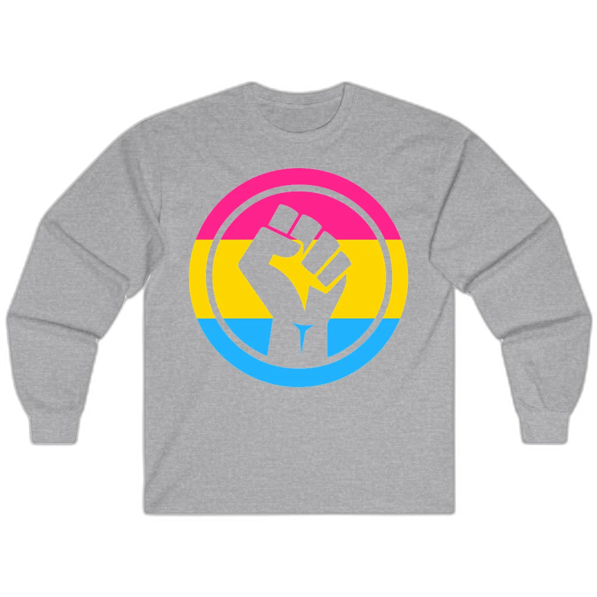 Raised fist silhouette in circular badge with magenta, yellow, and blue pride stripes symbolizing fist-pride-power and activism in Sport Grey