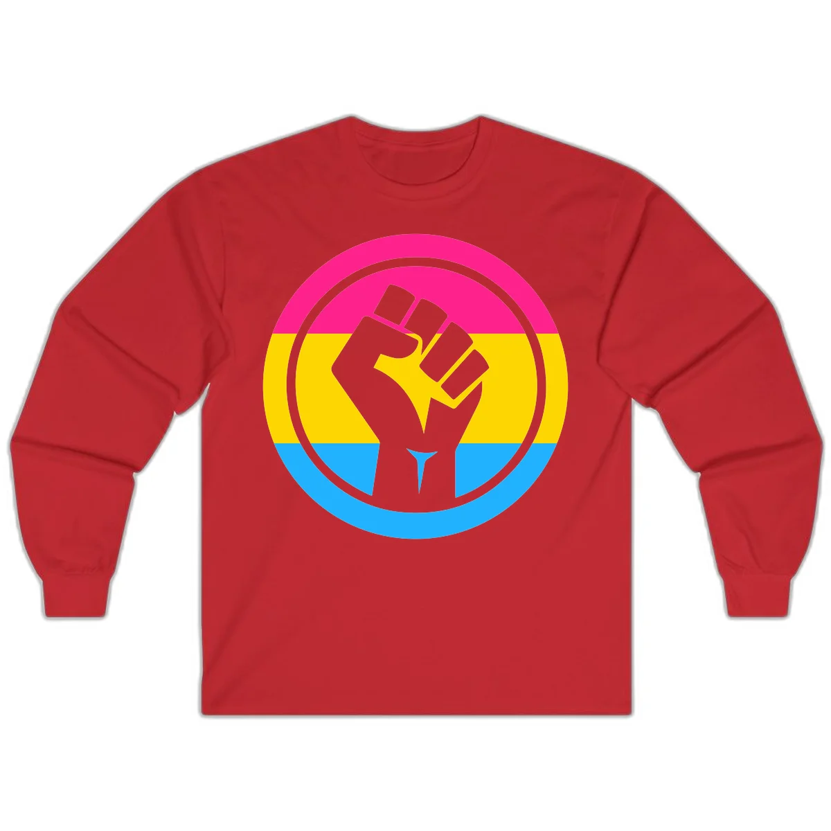 Raised fist silhouette in circular badge with magenta, yellow, and blue pride stripes symbolizing fist-pride-power and activism in Red