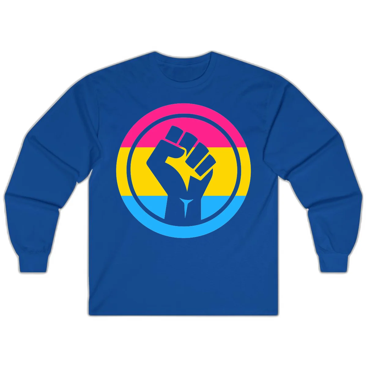Raised fist silhouette in circular badge with magenta, yellow, and blue pride stripes symbolizing fist-pride-power and activism in Royal