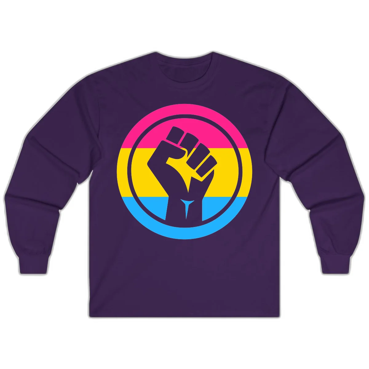 Raised fist silhouette in circular badge with magenta, yellow, and blue pride stripes symbolizing fist-pride-power and activism in Purple