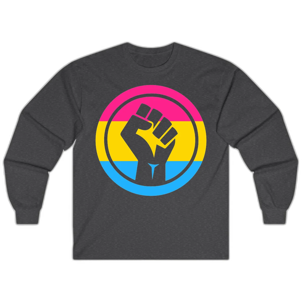 Raised fist silhouette in circular badge with magenta, yellow, and blue pride stripes symbolizing fist-pride-power and activism in Dark Heather