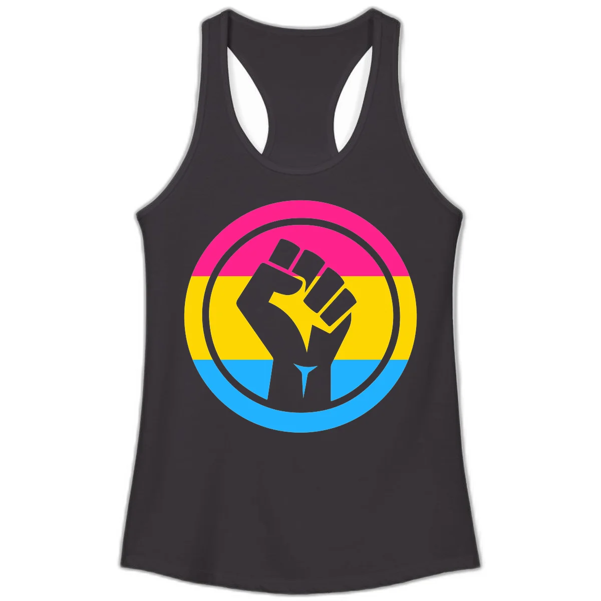Raised fist silhouette in circular badge with magenta, yellow, and blue pride stripes symbolizing fist-pride-power and activism in Black