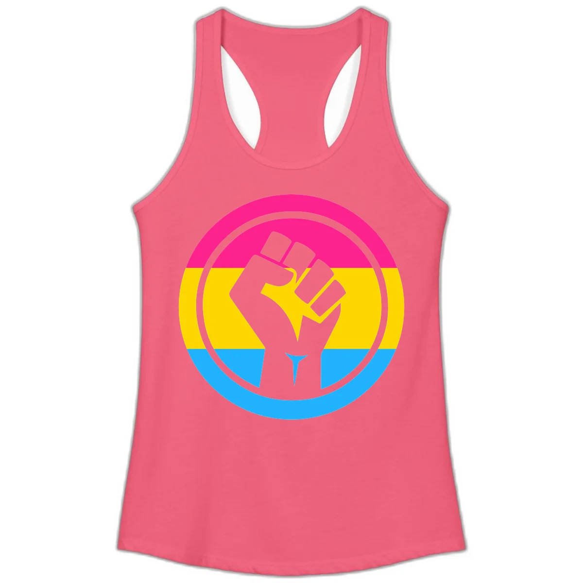 Raised fist silhouette in circular badge with magenta, yellow, and blue pride stripes symbolizing fist-pride-power and activism in Hot Pink
