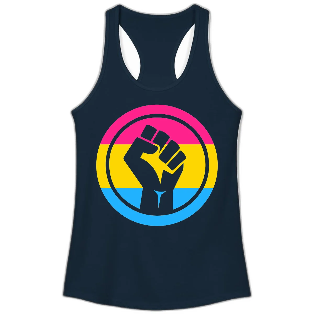 Raised fist silhouette in circular badge with magenta, yellow, and blue pride stripes symbolizing fist-pride-power and activism in Solid Midnight Navy