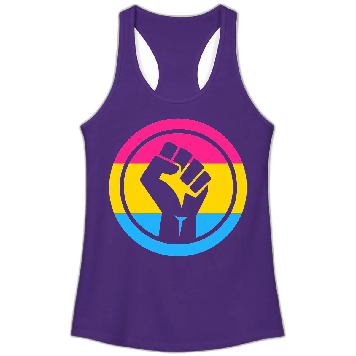 Raised fist silhouette in circular badge with magenta, yellow, and blue pride stripes symbolizing fist-pride-power and activism in Solid Purple Rush