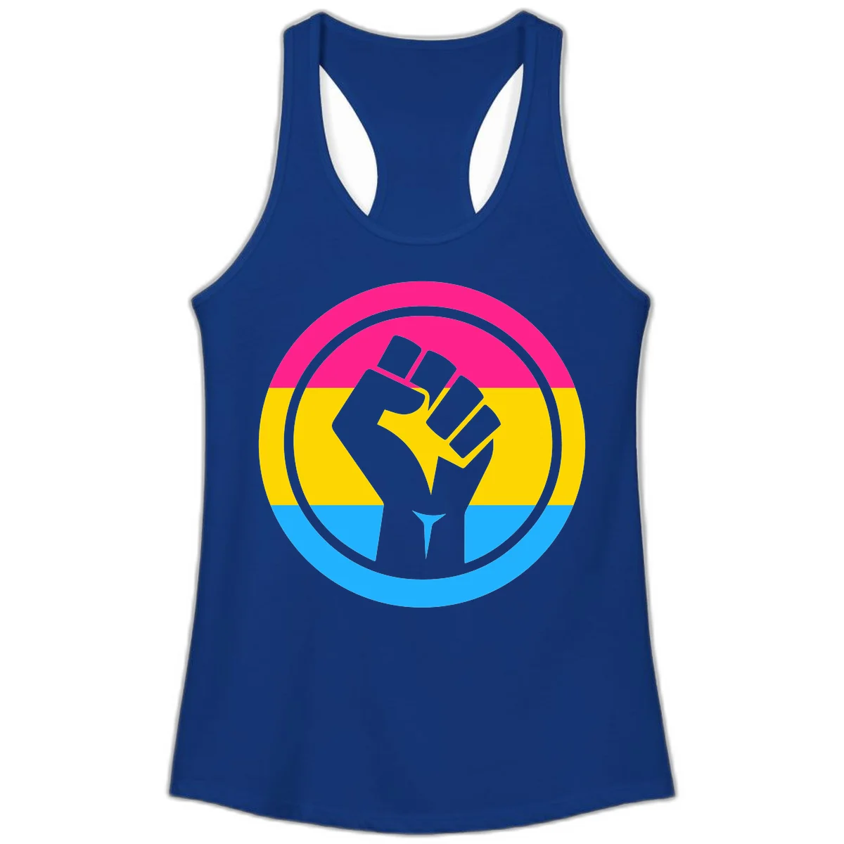 Raised fist silhouette in circular badge with magenta, yellow, and blue pride stripes symbolizing fist-pride-power and activism in Solid Royal