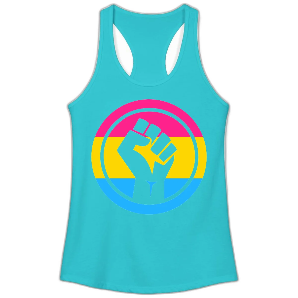 Raised fist silhouette in circular badge with magenta, yellow, and blue pride stripes symbolizing fist-pride-power and activism in Solid Tahiti Blue