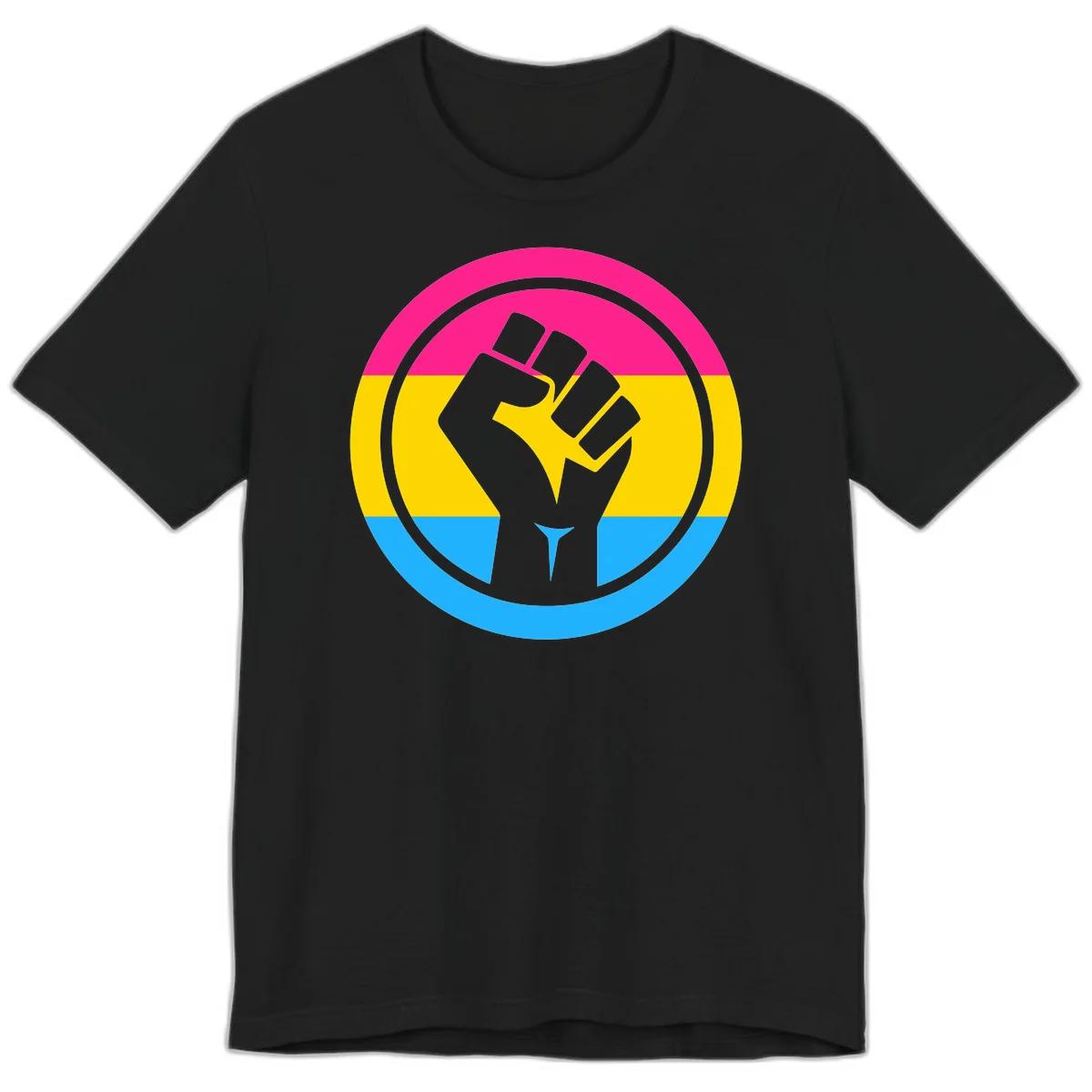 Raised fist silhouette in circular badge with magenta, yellow, and blue pride stripes symbolizing fist-pride-power and activism in Black