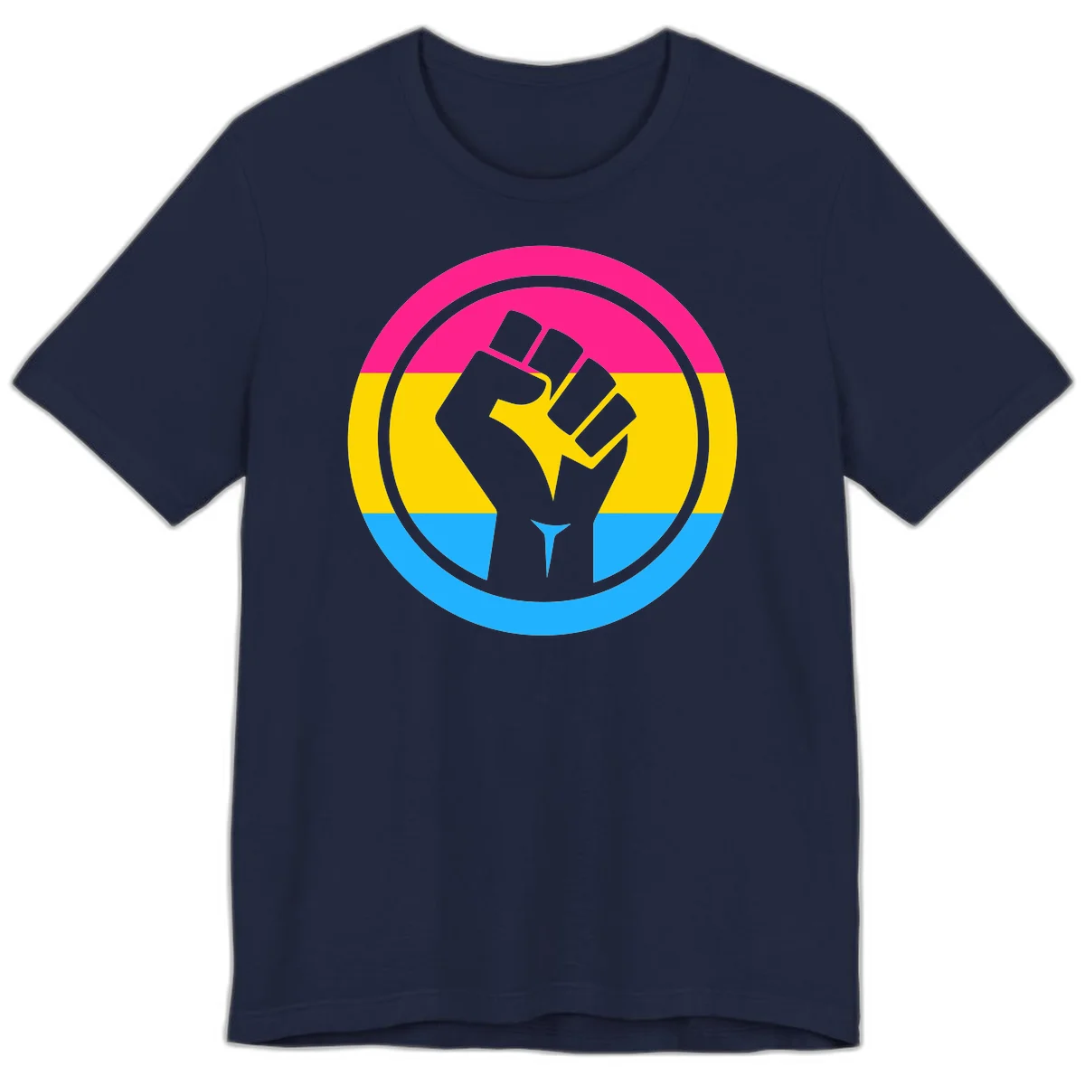 Raised fist silhouette in circular badge with magenta, yellow, and blue pride stripes symbolizing fist-pride-power and activism in Navy