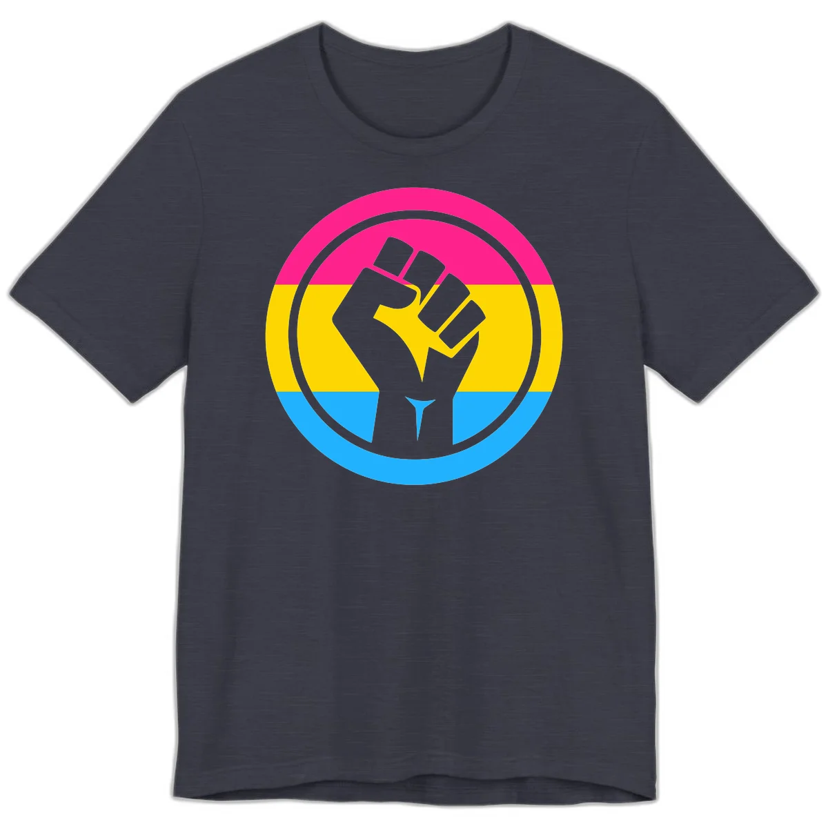 Raised fist silhouette in circular badge with magenta, yellow, and blue pride stripes symbolizing fist-pride-power and activism in Heather Midnight Navy