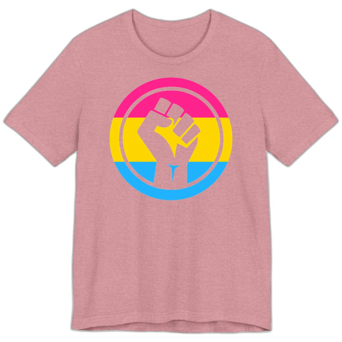 Raised fist silhouette in circular badge with magenta, yellow, and blue pride stripes symbolizing fist-pride-power and activism in Heather Orchid