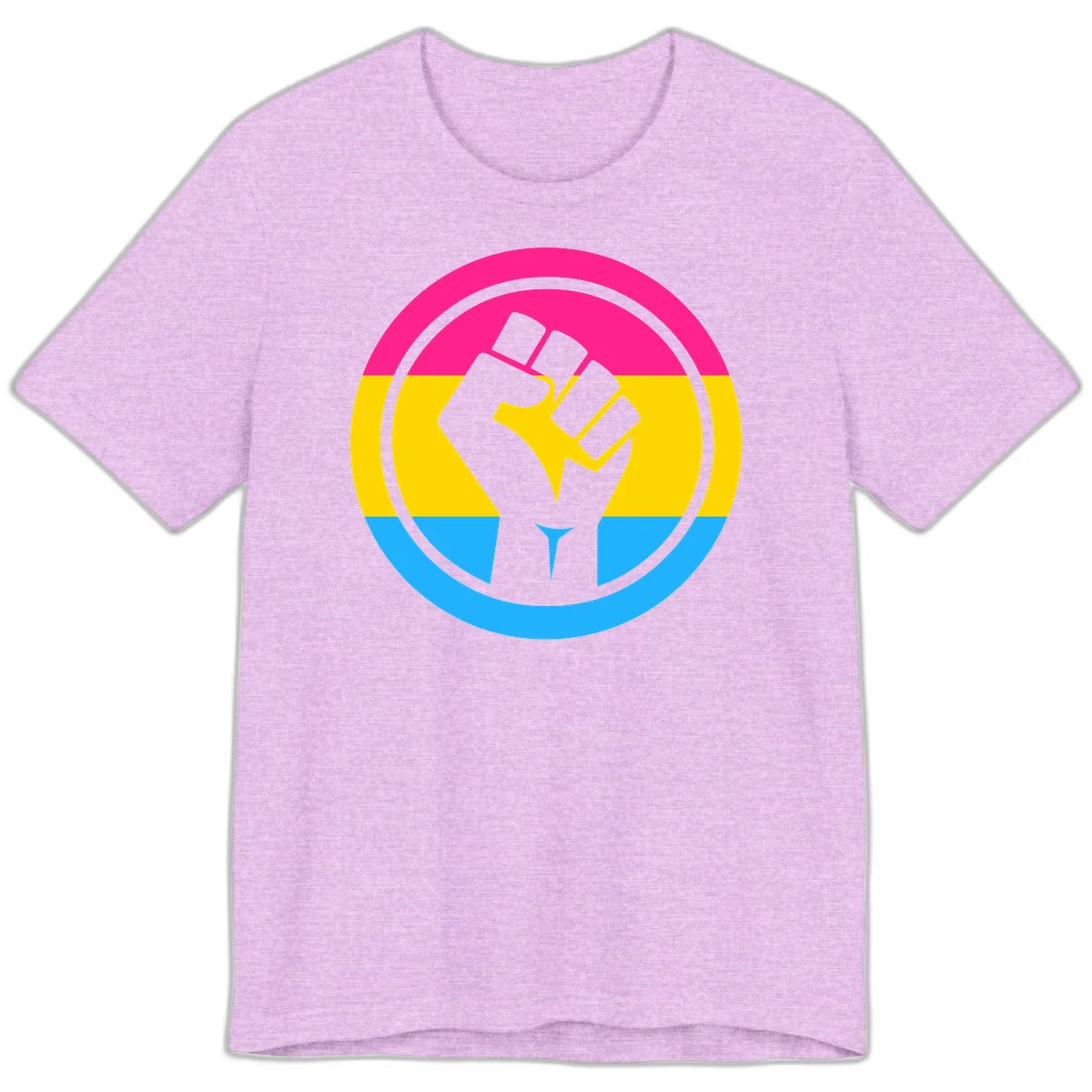 Raised fist silhouette in circular badge with magenta, yellow, and blue pride stripes symbolizing fist-pride-power and activism in Heather Prism Lilac