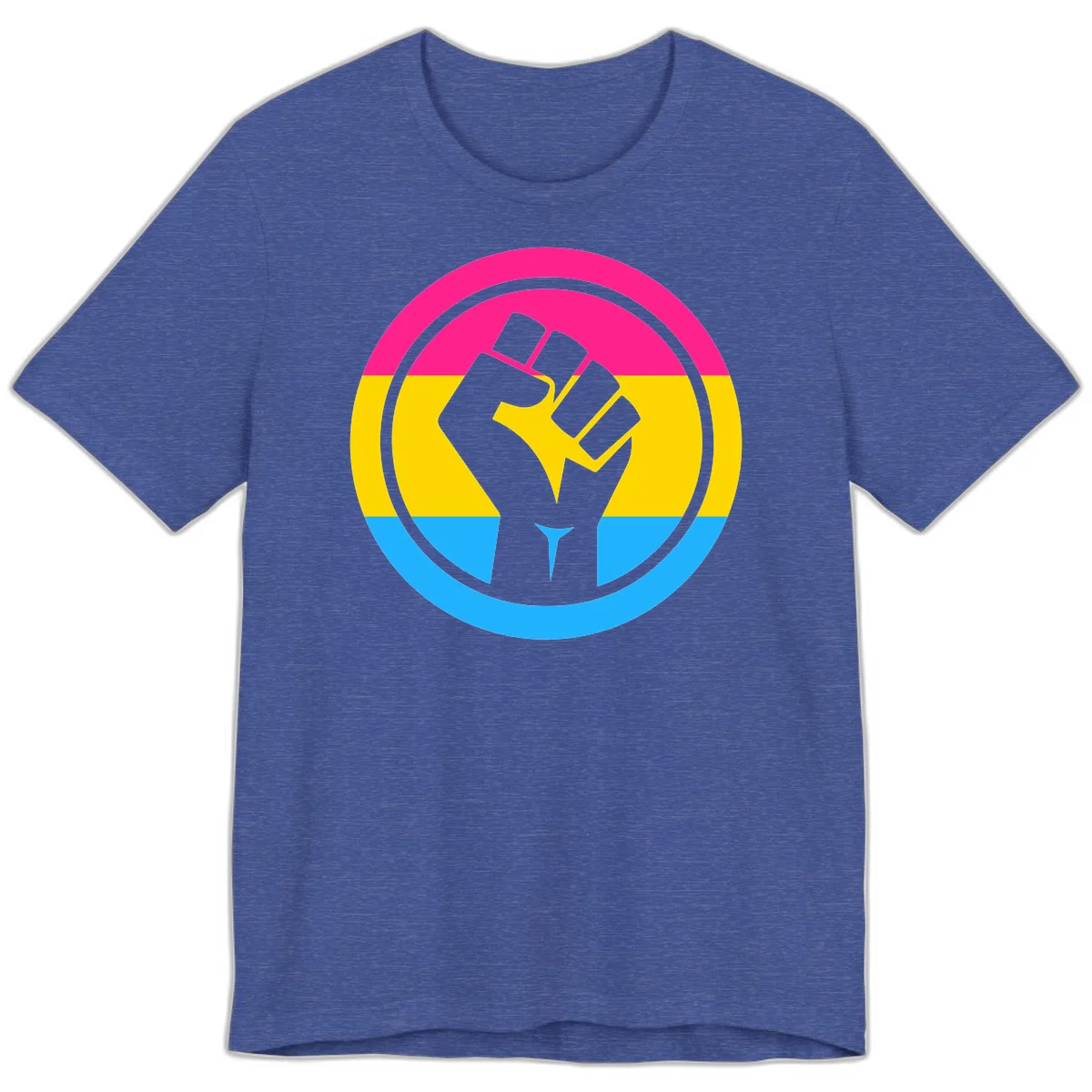Raised fist silhouette in circular badge with magenta, yellow, and blue pride stripes symbolizing fist-pride-power and activism in Heather True Royal