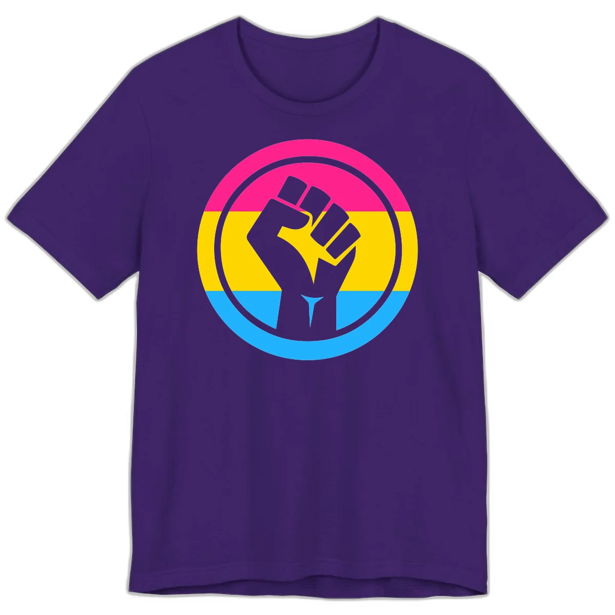 Raised fist silhouette in circular badge with magenta, yellow, and blue pride stripes symbolizing fist-pride-power and activism in Team Purple