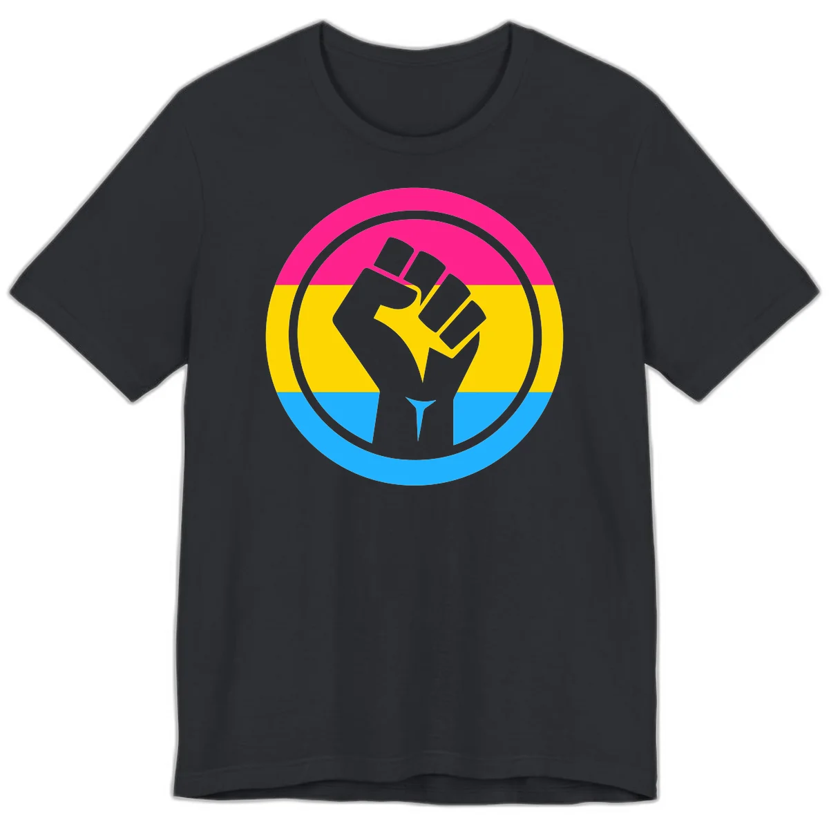 Raised fist silhouette in circular badge with magenta, yellow, and blue pride stripes symbolizing fist-pride-power and activism in Vintage Black