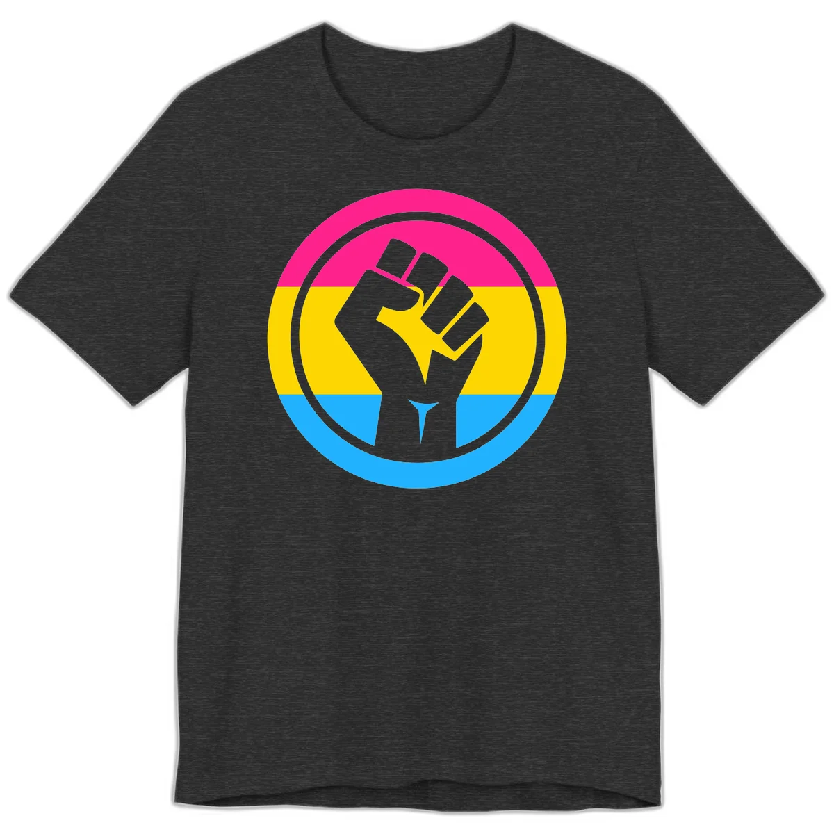 Raised fist silhouette in circular badge with magenta, yellow, and blue pride stripes symbolizing fist-pride-power and activism in Dark Grey Heather