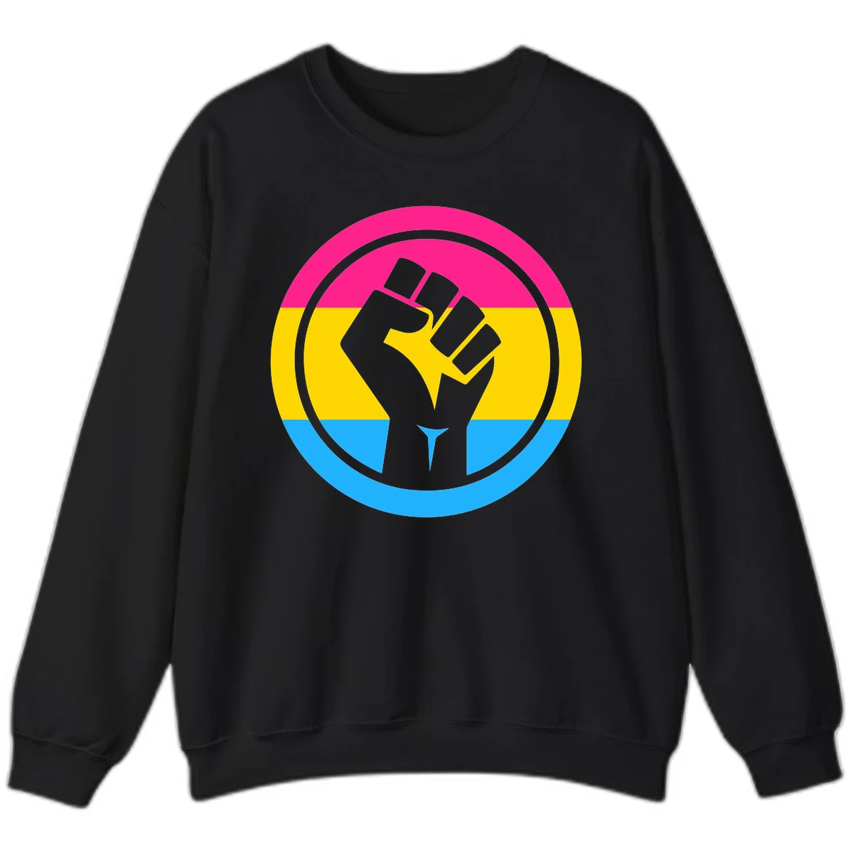 Raised fist silhouette in circular badge with magenta, yellow, and blue pride stripes symbolizing fist-pride-power and activism in Black