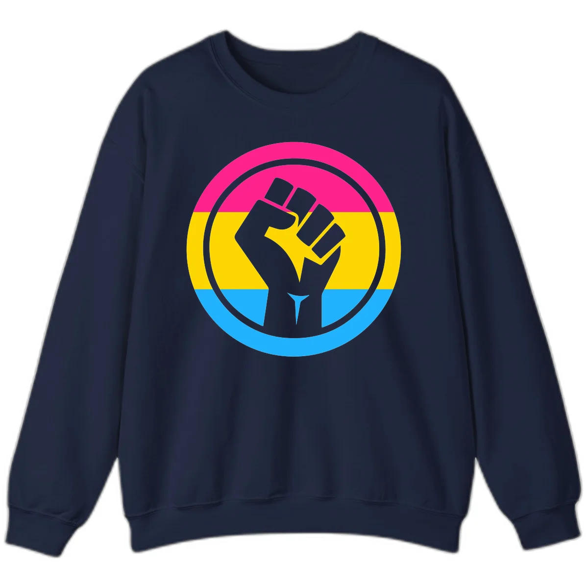 Raised fist silhouette in circular badge with magenta, yellow, and blue pride stripes symbolizing fist-pride-power and activism in Navy