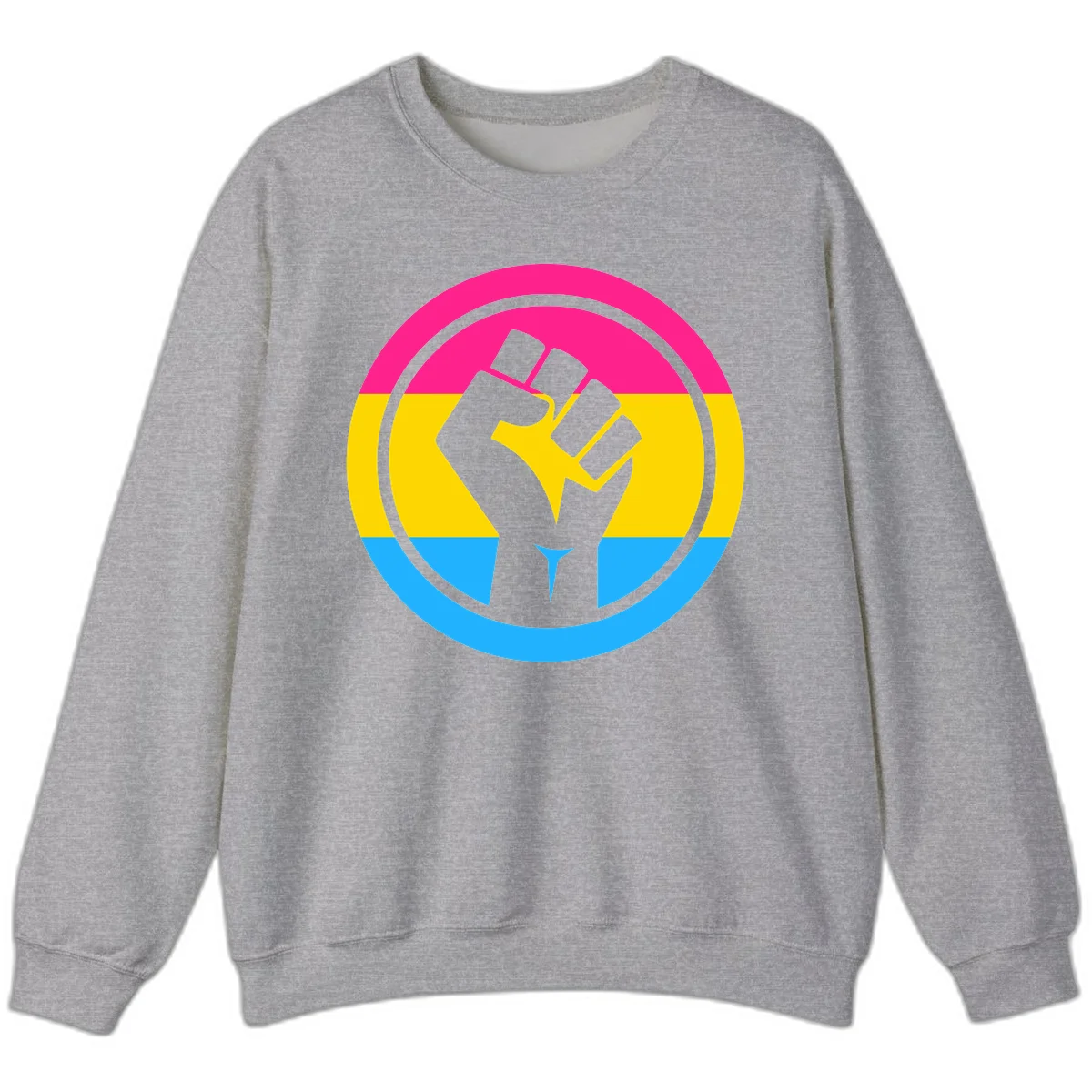 Raised fist silhouette in circular badge with magenta, yellow, and blue pride stripes symbolizing fist-pride-power and activism in Sport Grey
