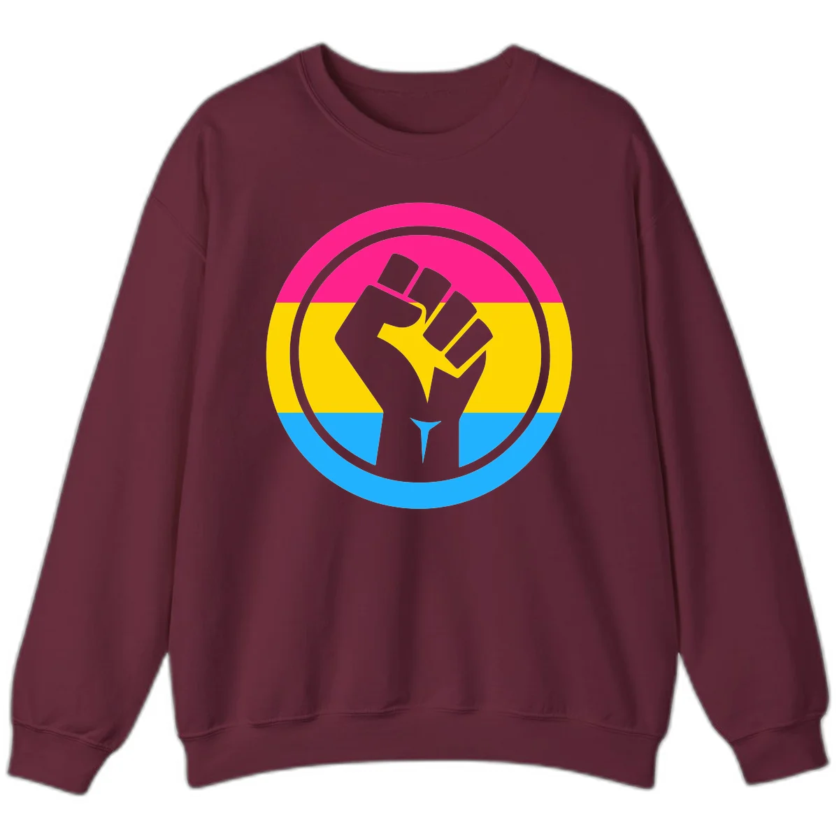 Raised fist silhouette in circular badge with magenta, yellow, and blue pride stripes symbolizing fist-pride-power and activism in Maroon