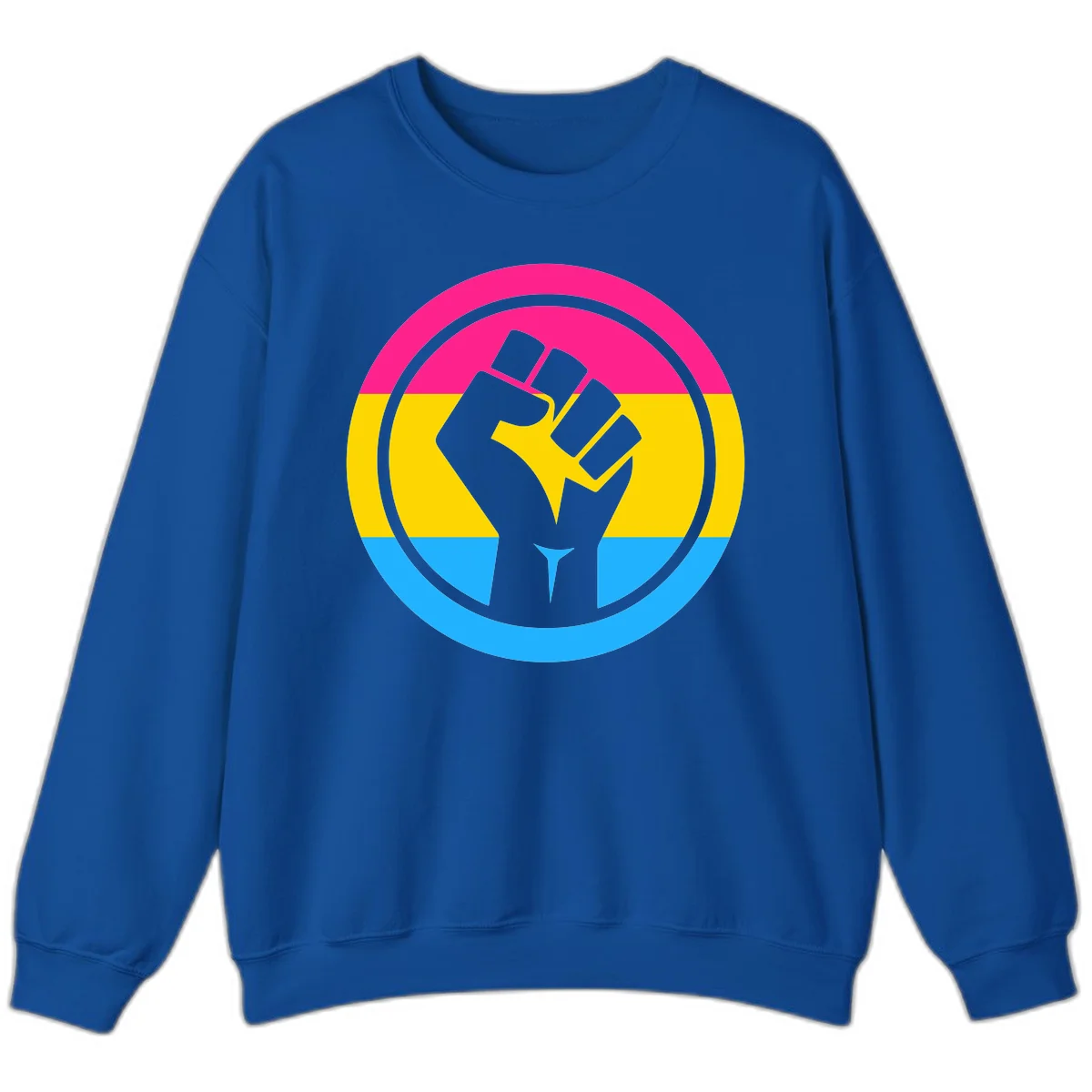 Raised fist silhouette in circular badge with magenta, yellow, and blue pride stripes symbolizing fist-pride-power and activism in Royal