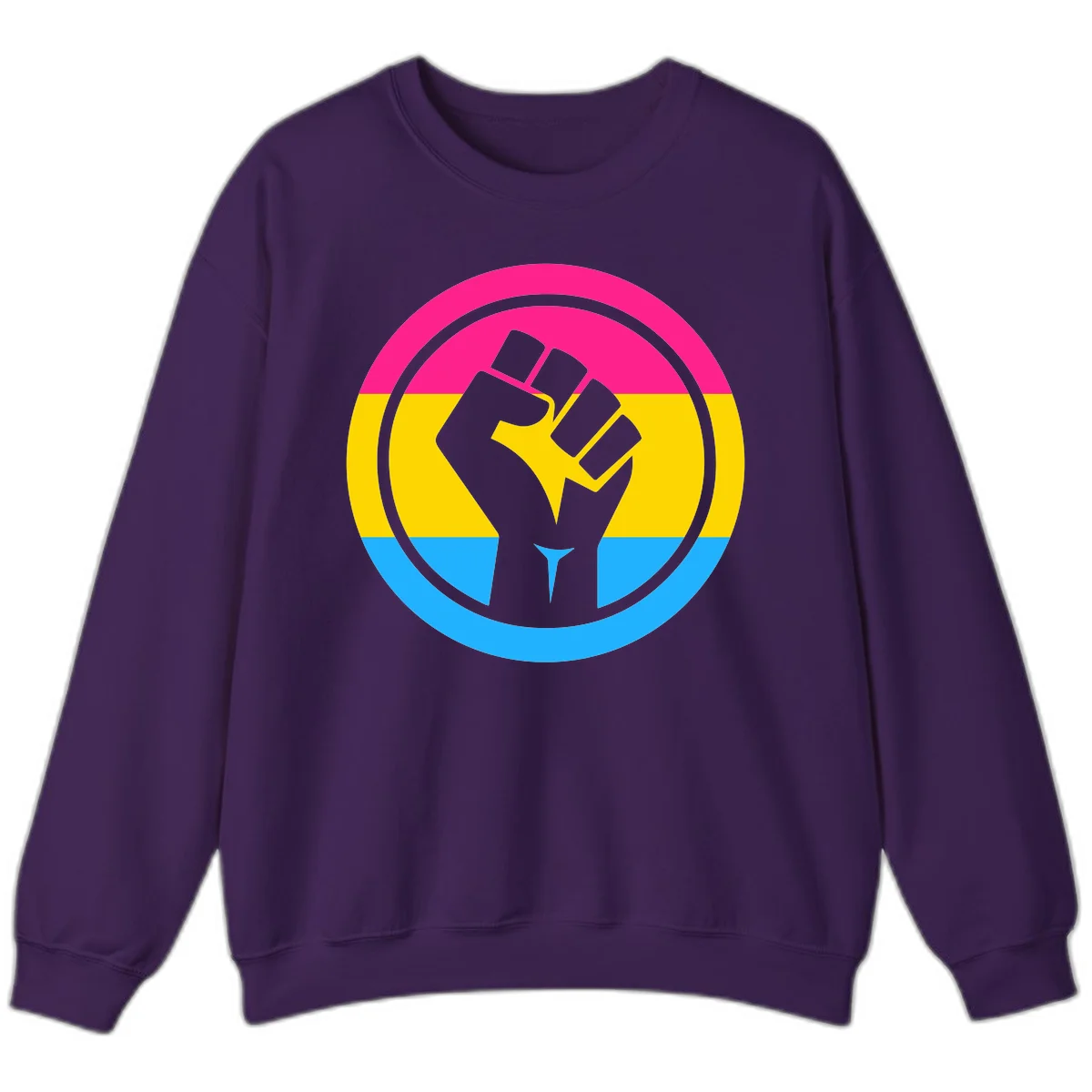 Raised fist silhouette in circular badge with magenta, yellow, and blue pride stripes symbolizing fist-pride-power and activism in Purple