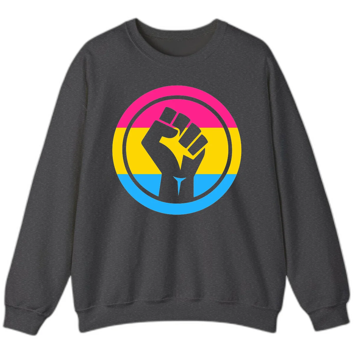 Raised fist silhouette in circular badge with magenta, yellow, and blue pride stripes symbolizing fist-pride-power and activism in Dark Heather