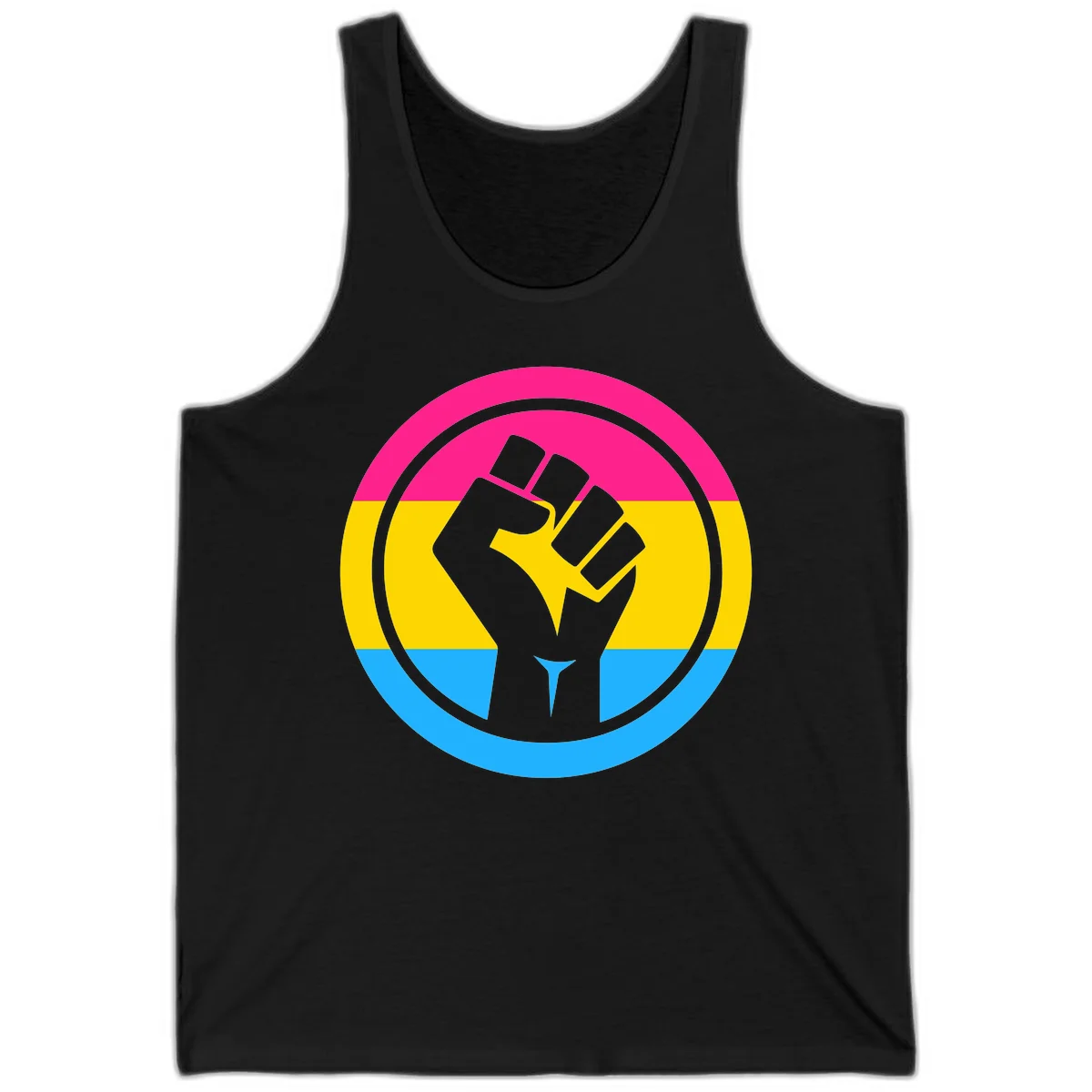 Raised fist silhouette in circular badge with magenta, yellow, and blue pride stripes symbolizing fist-pride-power and activism in Black