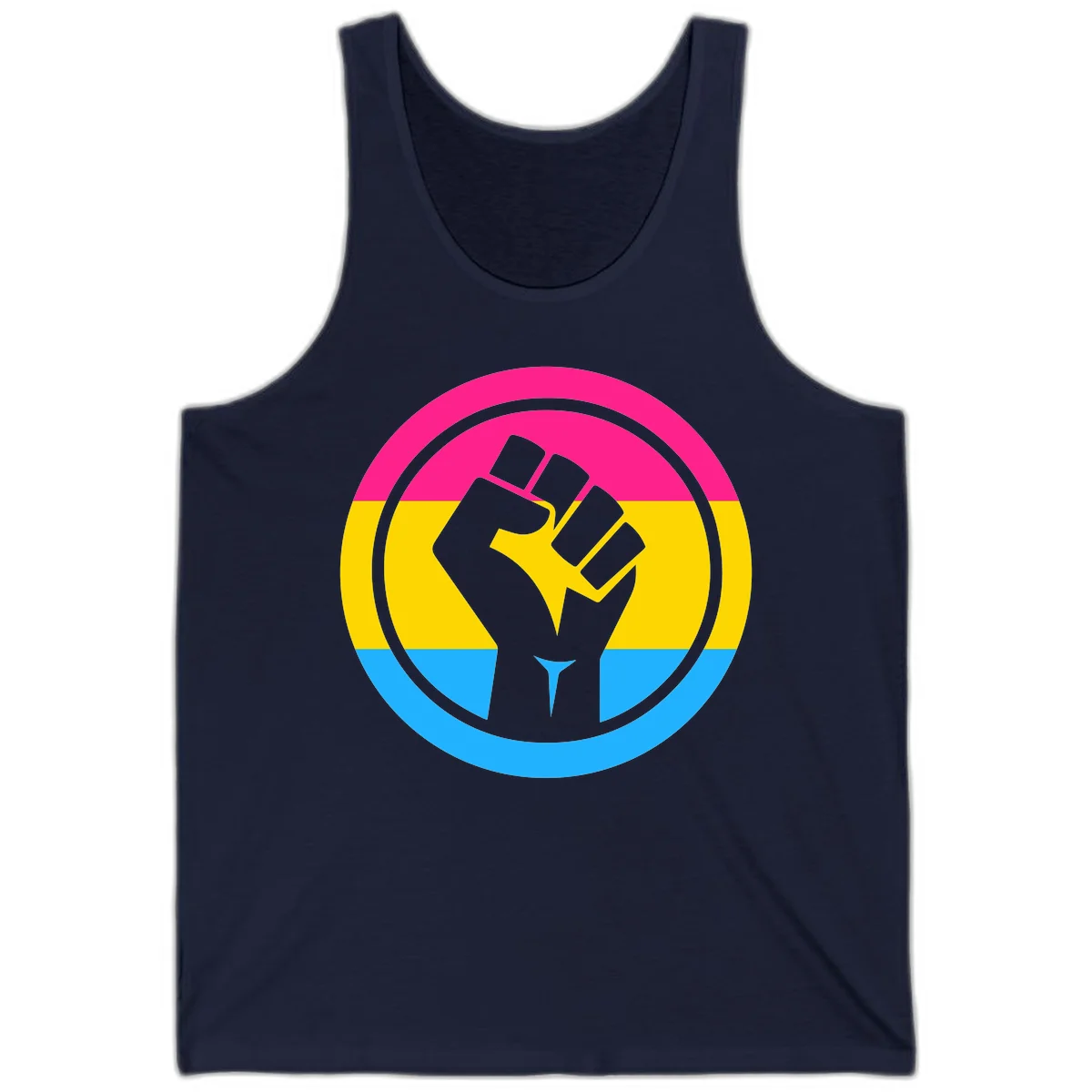 Raised fist silhouette in circular badge with magenta, yellow, and blue pride stripes symbolizing fist-pride-power and activism in Navy