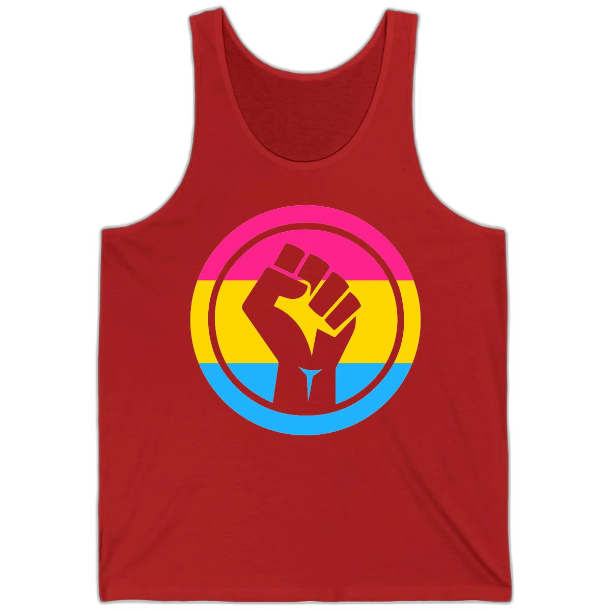 Raised fist silhouette in circular badge with magenta, yellow, and blue pride stripes symbolizing fist-pride-power and activism in Red