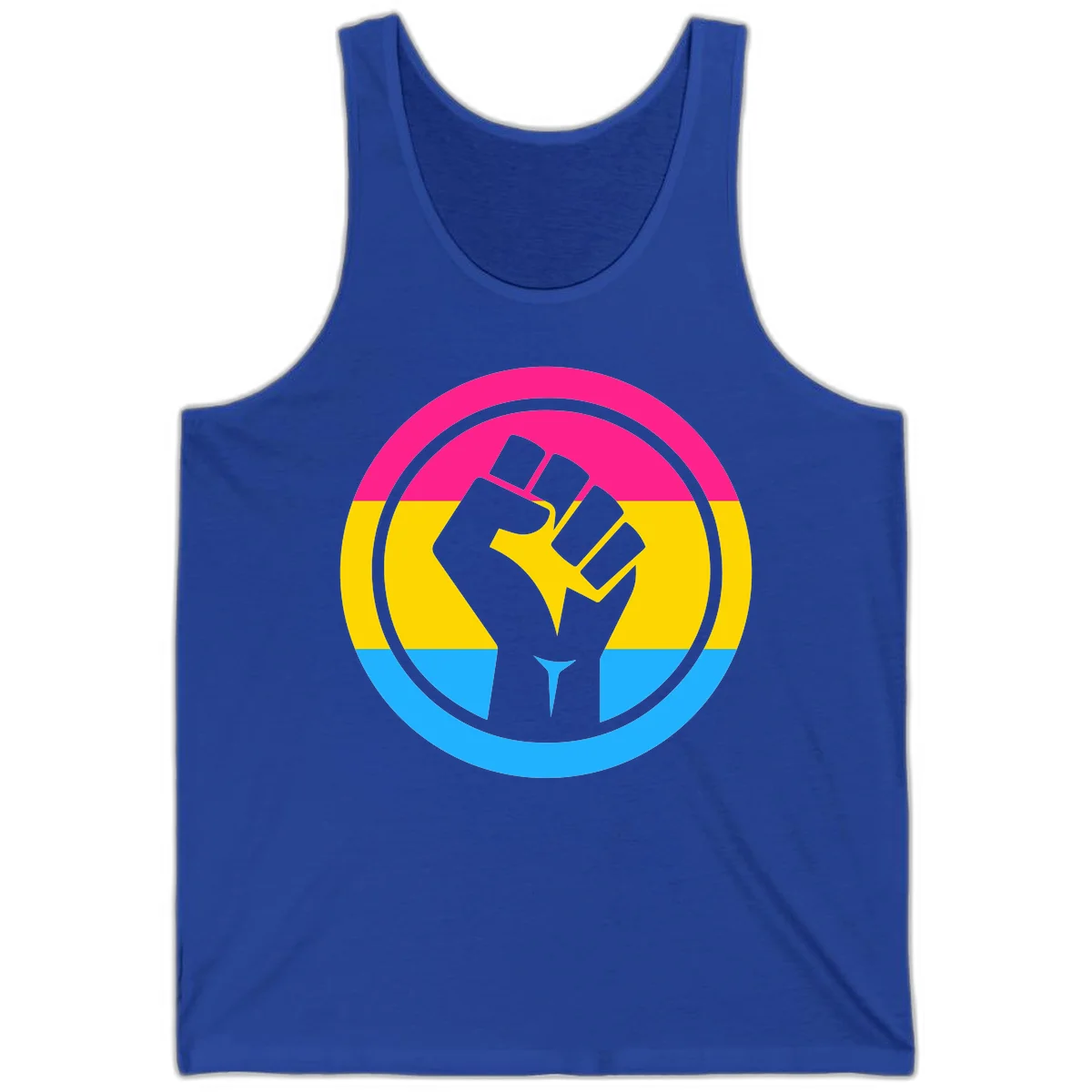 Raised fist silhouette in circular badge with magenta, yellow, and blue pride stripes symbolizing fist-pride-power and activism in True Royal