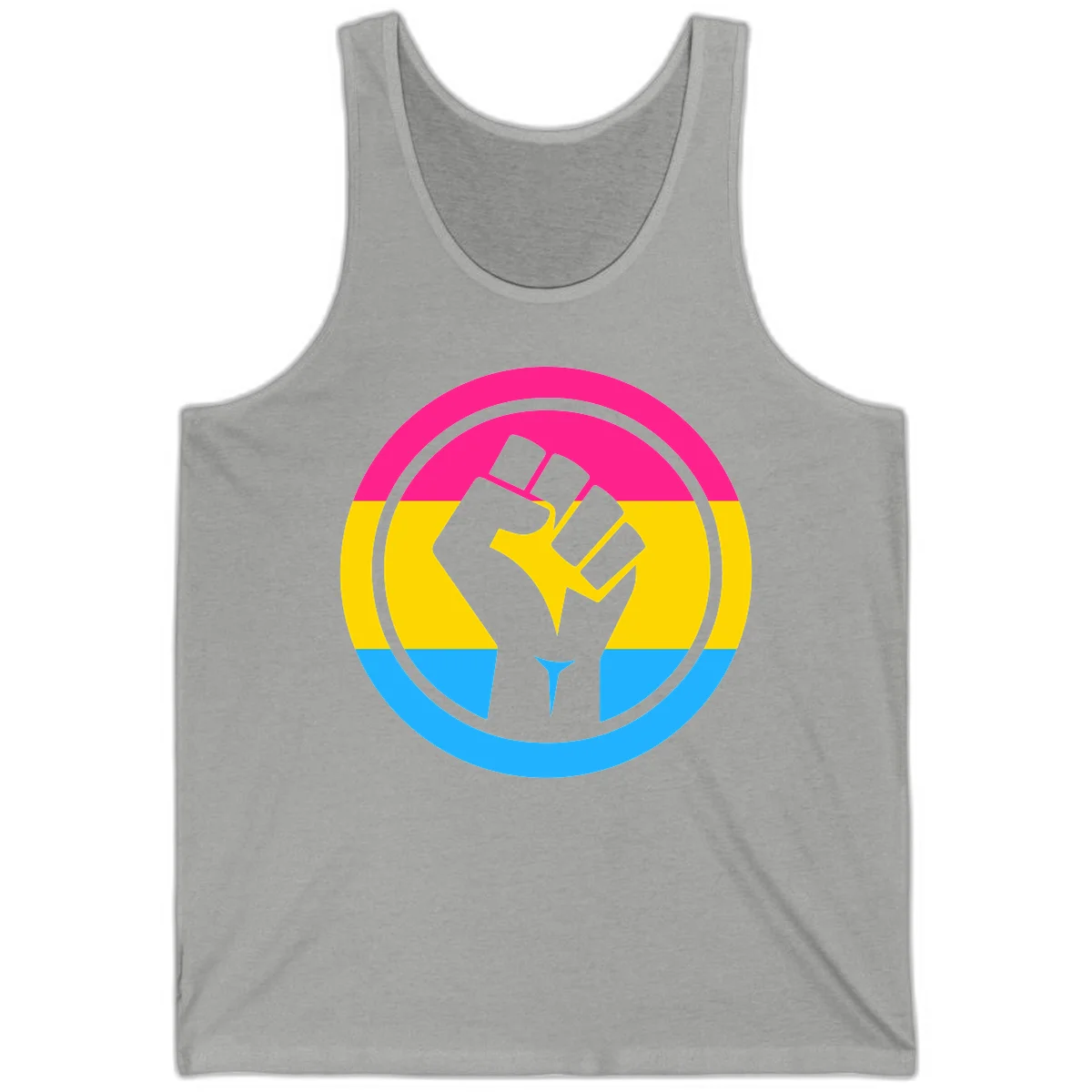 Raised fist silhouette in circular badge with magenta, yellow, and blue pride stripes symbolizing fist-pride-power and activism in Athletic Heather