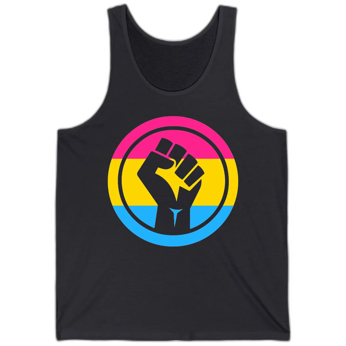 Raised fist silhouette in circular badge with magenta, yellow, and blue pride stripes symbolizing fist-pride-power and activism in Dark Grey
